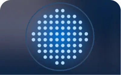 A circular blue light panel or LED light diffuser with a grid of glowing white dots, set against a dark blue gradient background.