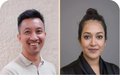 A split portrait showing two people side by side: a smiling man on the left in a light-colored collared shirt against a textured beige wall, and a woman on the right in a black top against a plain gray background.