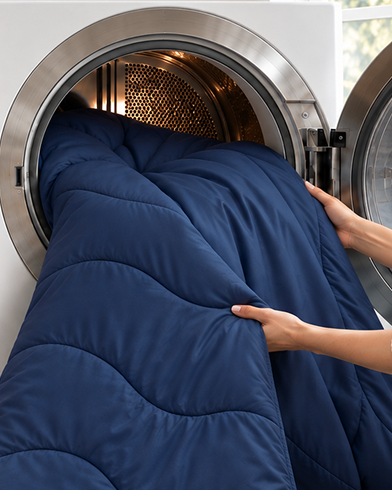A Evercool® Cooling Blanket Comforter  with Midnight Blue color is being pulled out of a front-loading washing machine by two hands, with the metallic drum.
